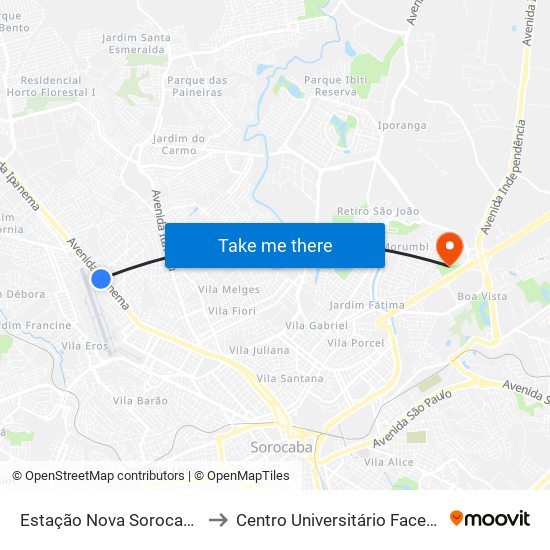 Estação Nova Sorocaba to Centro Universitário Facens map