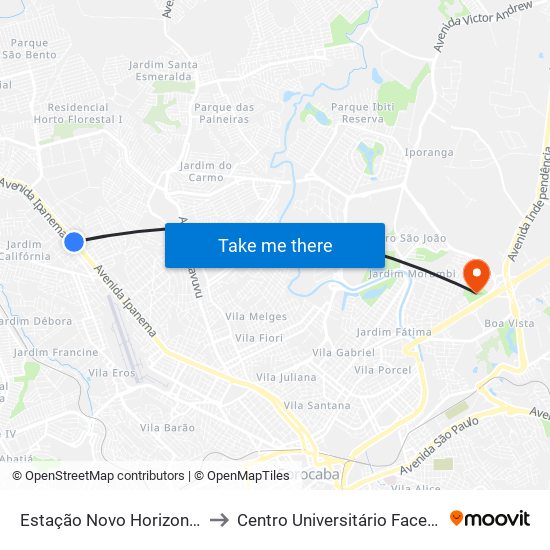 Estação Novo Horizonte to Centro Universitário Facens map