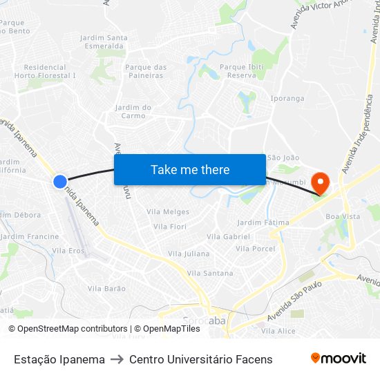 Estação Ipanema to Centro Universitário Facens map
