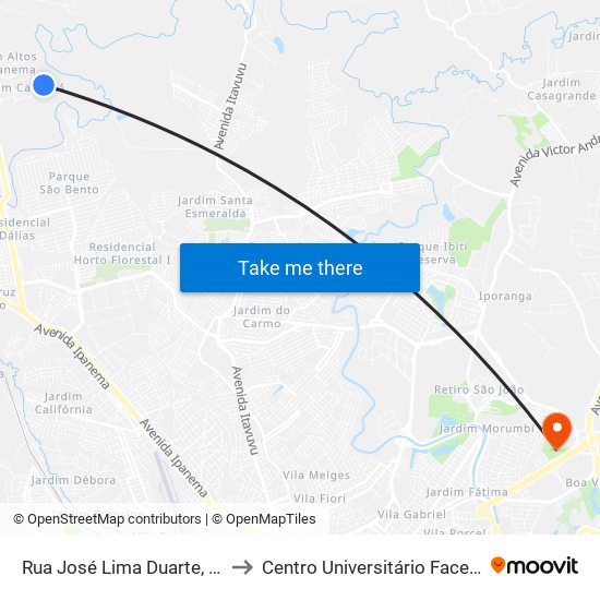 Rua José Lima Duarte, 21 to Centro Universitário Facens map