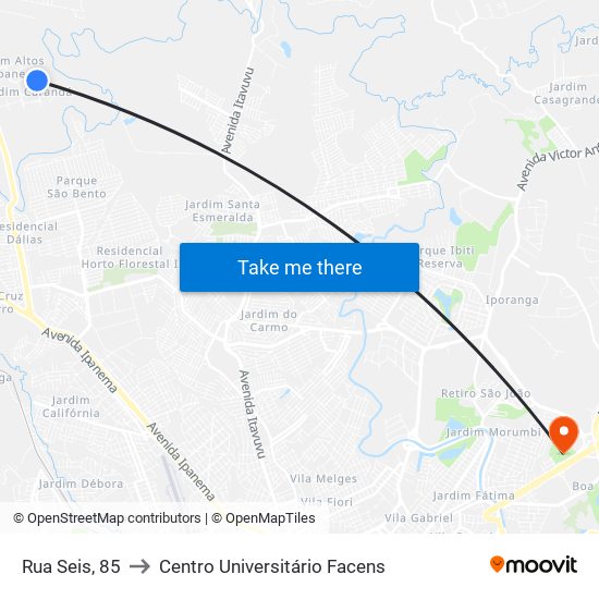 Rua Seis, 85 to Centro Universitário Facens map