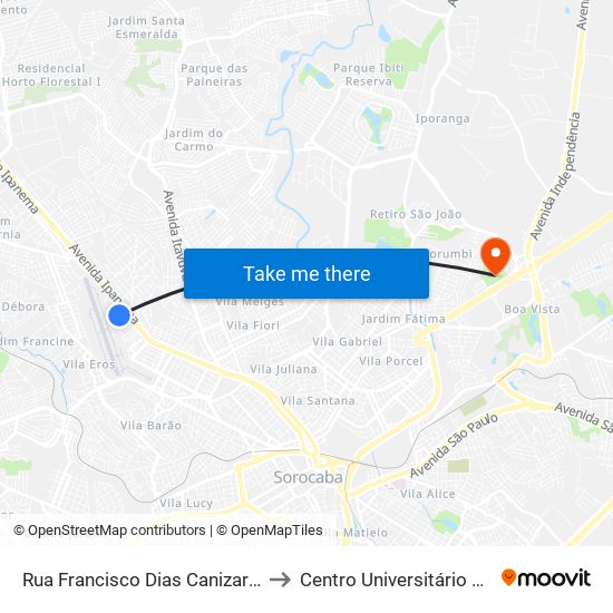 Rua Francisco Dias Canizares, 143 to Centro Universitário Facens map