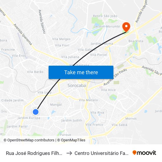 Rua José Rodrigues Filho, 85 to Centro Universitário Facens map