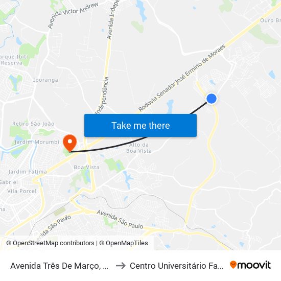 Avenida Três De Março, 4460 to Centro Universitário Facens map