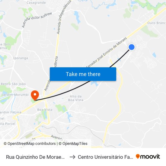 Rua Quinzinho De Moraes, 116 to Centro Universitário Facens map