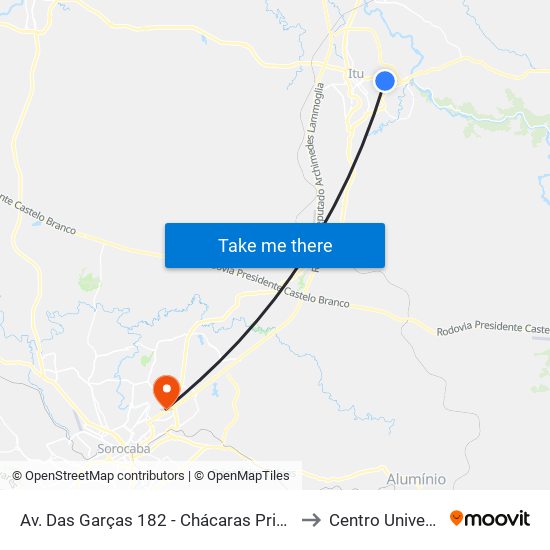Av. Das Garças 182 - Chácaras Primavera Itu - SP 13302-231 Brasil to Centro Universitário Facens map