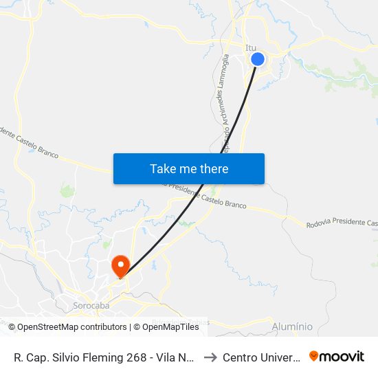 R. Cap. Silvio Fleming 268 - Vila Nova Itu - SP 13309-010 Brasil to Centro Universitário Facens map