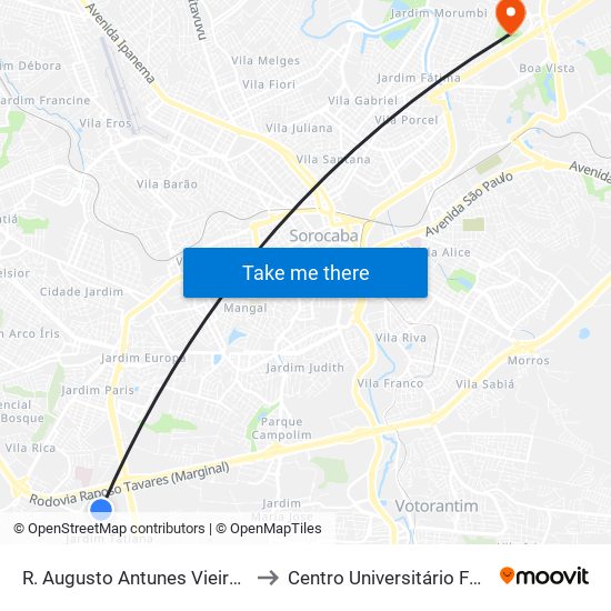 R. Augusto Antunes Vieira, 535 to Centro Universitário Facens map