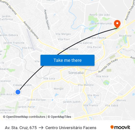 Av. Sta. Cruz, 675 to Centro Universitário Facens map