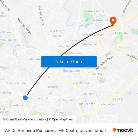 Av. Dr. Armando Pannunzio, 315 to Centro Universitário Facens map