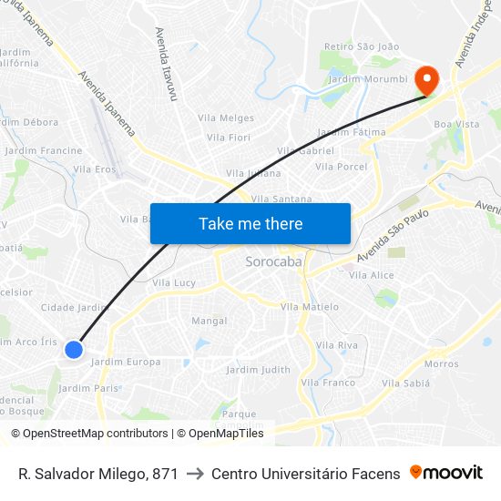 R. Salvador Milego, 871 to Centro Universitário Facens map