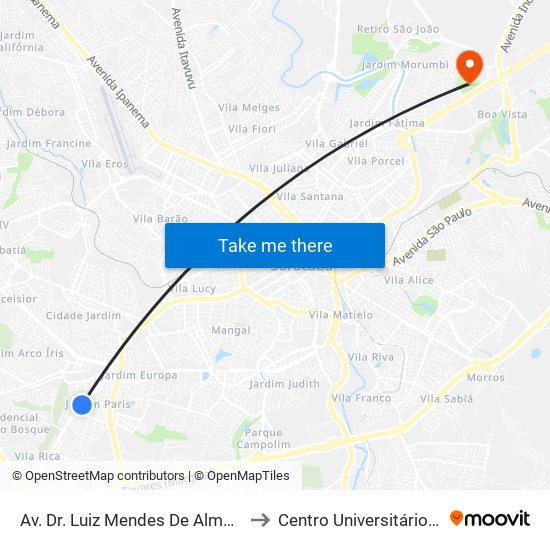 Av. Dr. Luiz Mendes De Almeida, 1075 to Centro Universitário Facens map