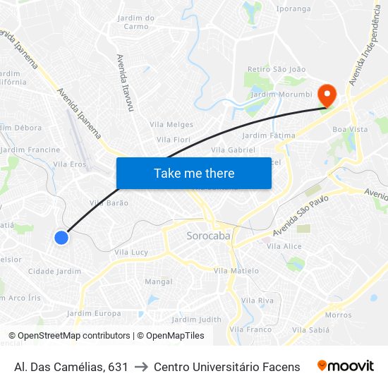 Al. Das Camélias, 631 to Centro Universitário Facens map