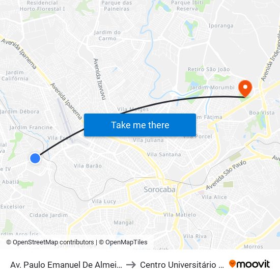 Av. Paulo Emanuel De Almeida, 1798 to Centro Universitário Facens map