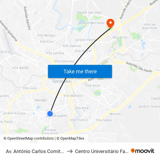 Av. Antônio Carlos Comitre, Sn to Centro Universitário Facens map