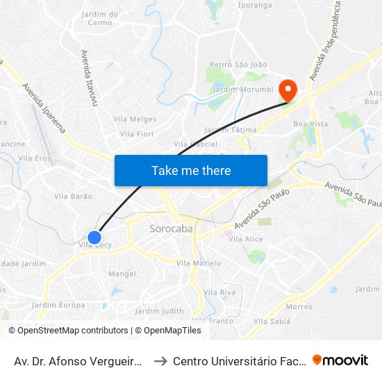 Av. Dr. Afonso Vergueiro, Sn to Centro Universitário Facens map