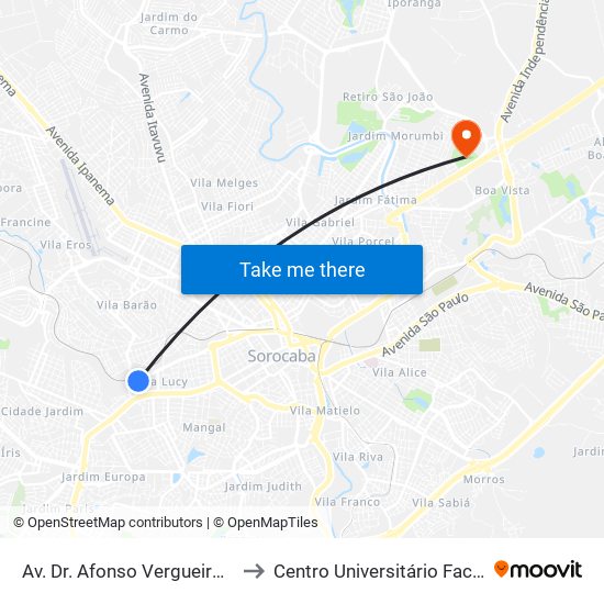 Av. Dr. Afonso Vergueiro, Sn to Centro Universitário Facens map