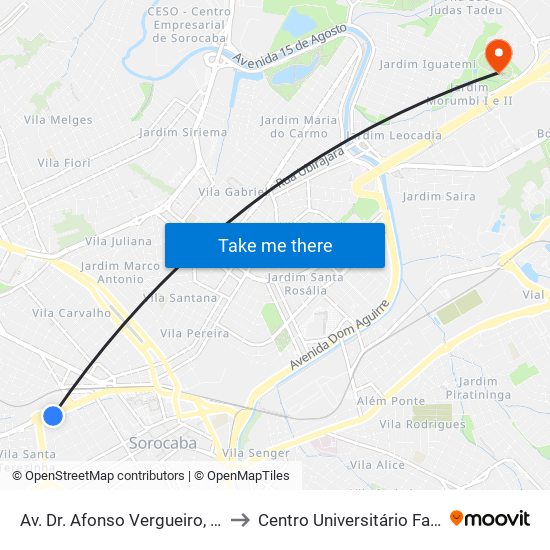 Av. Dr. Afonso Vergueiro, 1749 to Centro Universitário Facens map