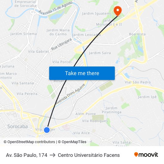 Av. São Paulo, 174 to Centro Universitário Facens map