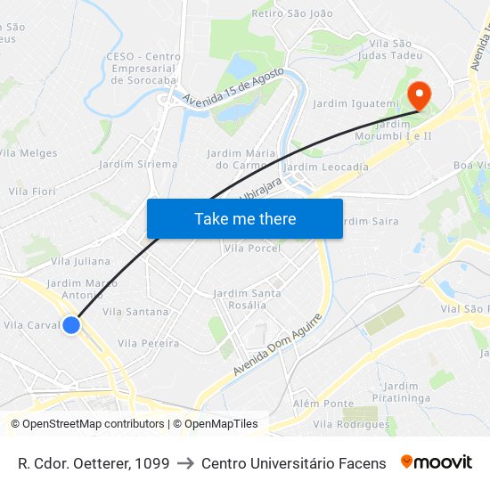 R. Cdor. Oetterer, 1099 to Centro Universitário Facens map