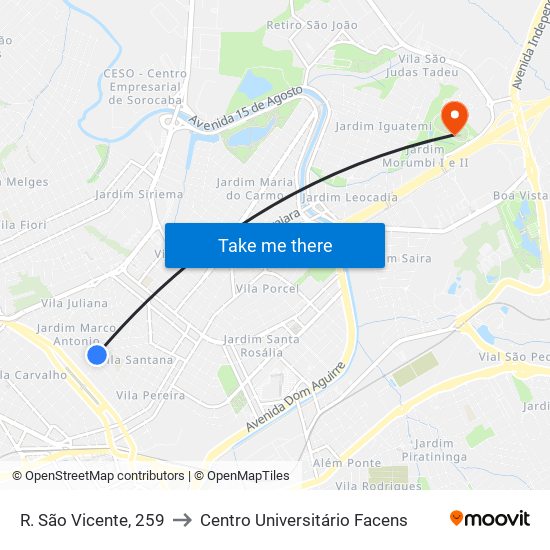 R. São Vicente, 259 to Centro Universitário Facens map