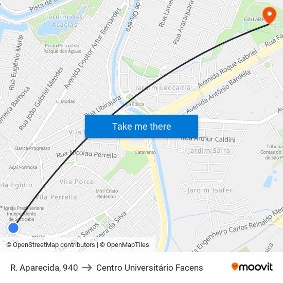 R. Aparecida, 940 to Centro Universitário Facens map