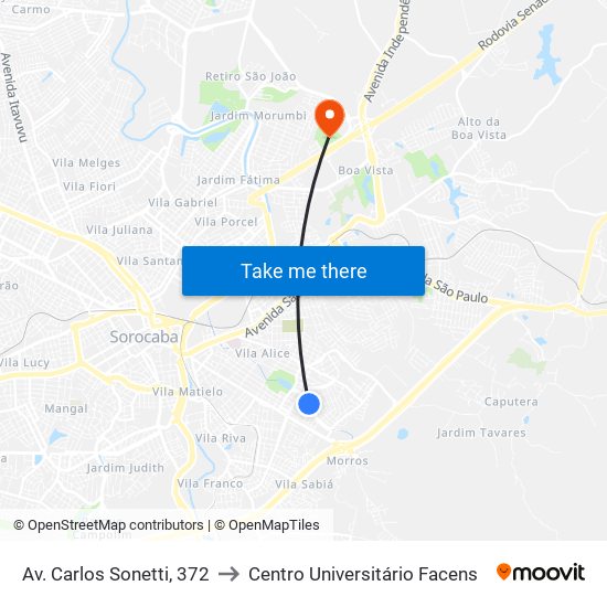 Av. Carlos Sonetti, 372 to Centro Universitário Facens map
