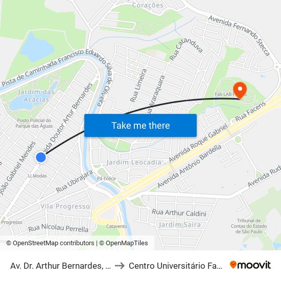 Av. Dr. Arthur Bernardes, 925 to Centro Universitário Facens map