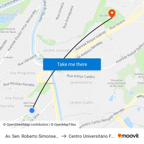 Av. Sen. Roberto Simonsen, 987 to Centro Universitário Facens map