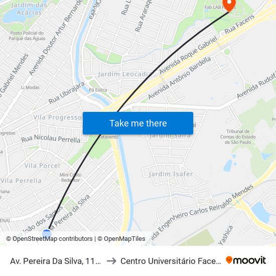 Av. Pereira Da Silva, 1144 to Centro Universitário Facens map