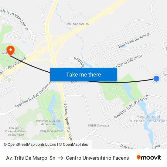 Av. Três De Março, Sn to Centro Universitário Facens map