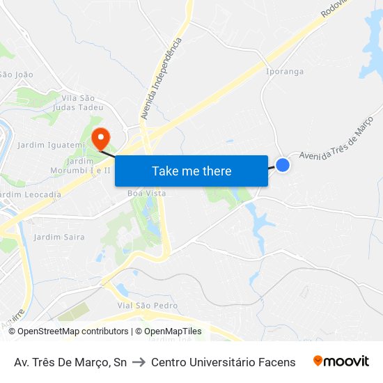 Av. Três De Março, Sn to Centro Universitário Facens map