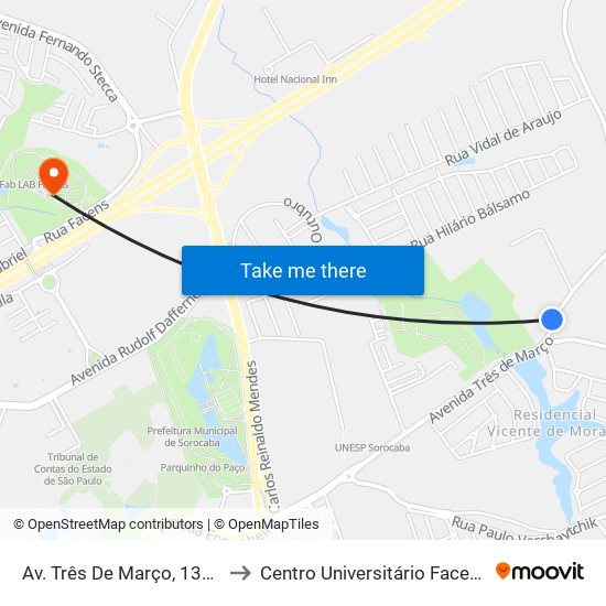 Av. Três De Março, 1315 to Centro Universitário Facens map