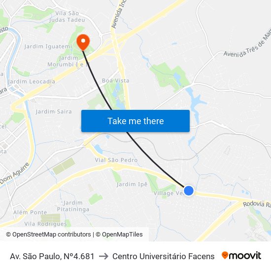 Av. São Paulo, Nº4.681 to Centro Universitário Facens map