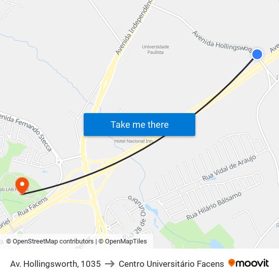 Av. Hollingsworth, 1035 to Centro Universitário Facens map