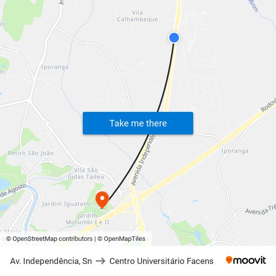 Av. Independência, Sn to Centro Universitário Facens map