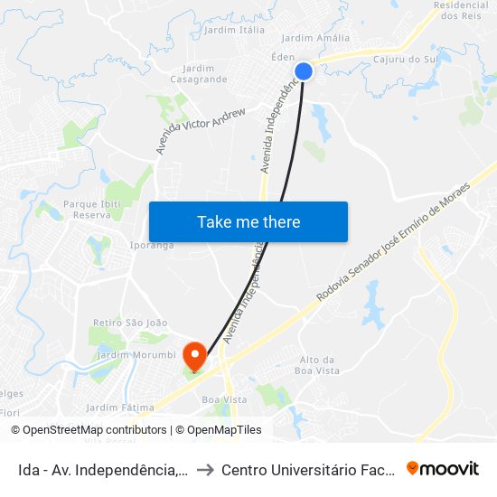 Ida - Av. Independência, Sn to Centro Universitário Facens map