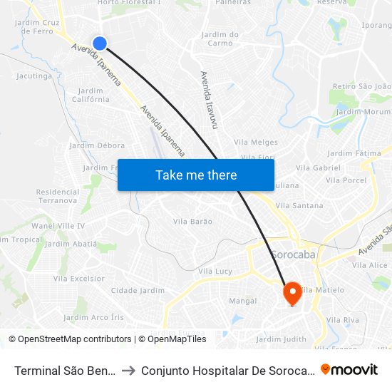 Terminal São Bento to Conjunto Hospitalar De Sorocaba map
