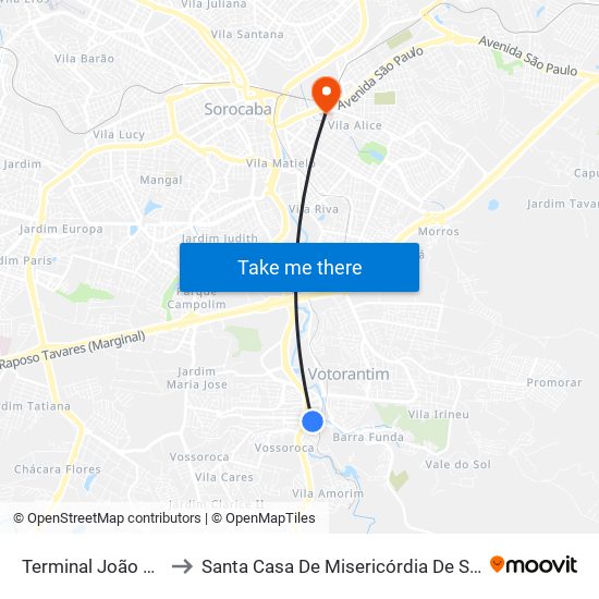 Terminal João Souto to Santa Casa De Misericórdia De Sorocaba map