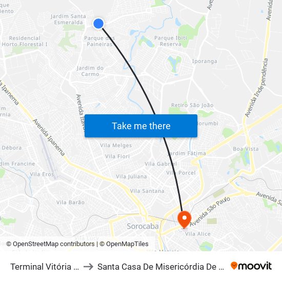 Terminal Vitória Régia to Santa Casa De Misericórdia De Sorocaba map