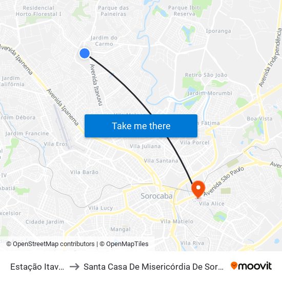 Estação Itavuvu to Santa Casa De Misericórdia De Sorocaba map