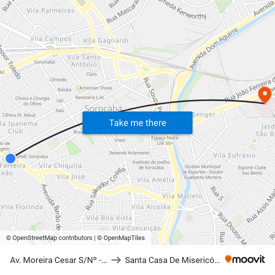 Av. Moreira Cesar S/Nº - Df. Padaria Real - to Santa Casa De Misericórdia De Sorocaba map