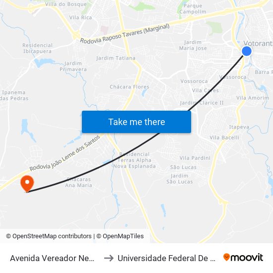 Avenida Vereador Newton Vieira Soares, 196-274 to Universidade Federal De São Carlos - Campus Sorocaba map