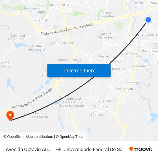 Avenida Octávio Augusto Rangel, 512-546 to Universidade Federal De São Carlos - Campus Sorocaba map