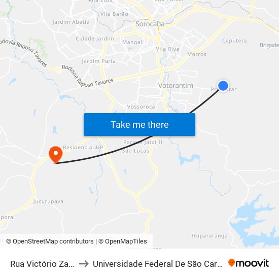 Rua Victório Zanchetta, 629 to Universidade Federal De São Carlos - Campus Sorocaba map