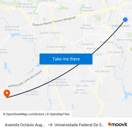 Avenida Octávio Augusto Rangel, 1011-1031 to Universidade Federal De São Carlos - Campus Sorocaba map