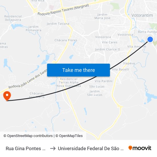 Rua Gina Pontes Romero, 156-210 to Universidade Federal De São Carlos - Campus Sorocaba map