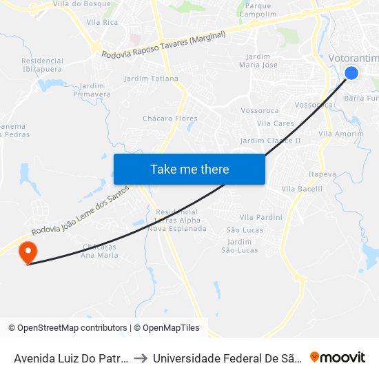 Avenida Luiz Do Patrocínio Fernandes, 250 to Universidade Federal De São Carlos - Campus Sorocaba map