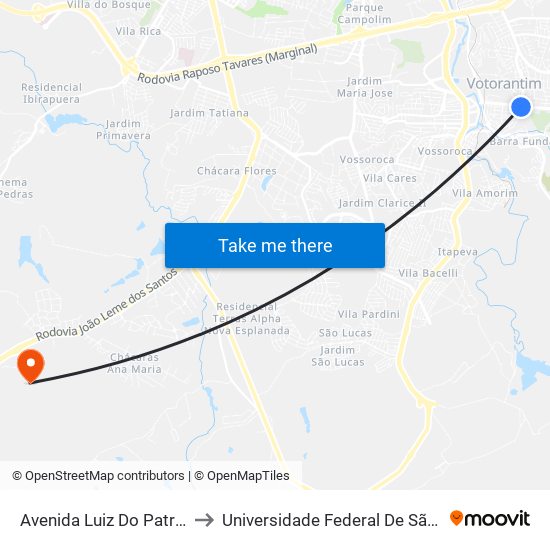 Avenida Luiz Do Patrocínio Fernandes, 690 to Universidade Federal De São Carlos - Campus Sorocaba map