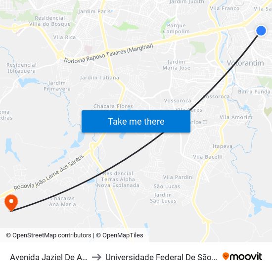 Avenida Jaziel De Azeredo Ribeiro, 471 to Universidade Federal De São Carlos - Campus Sorocaba map